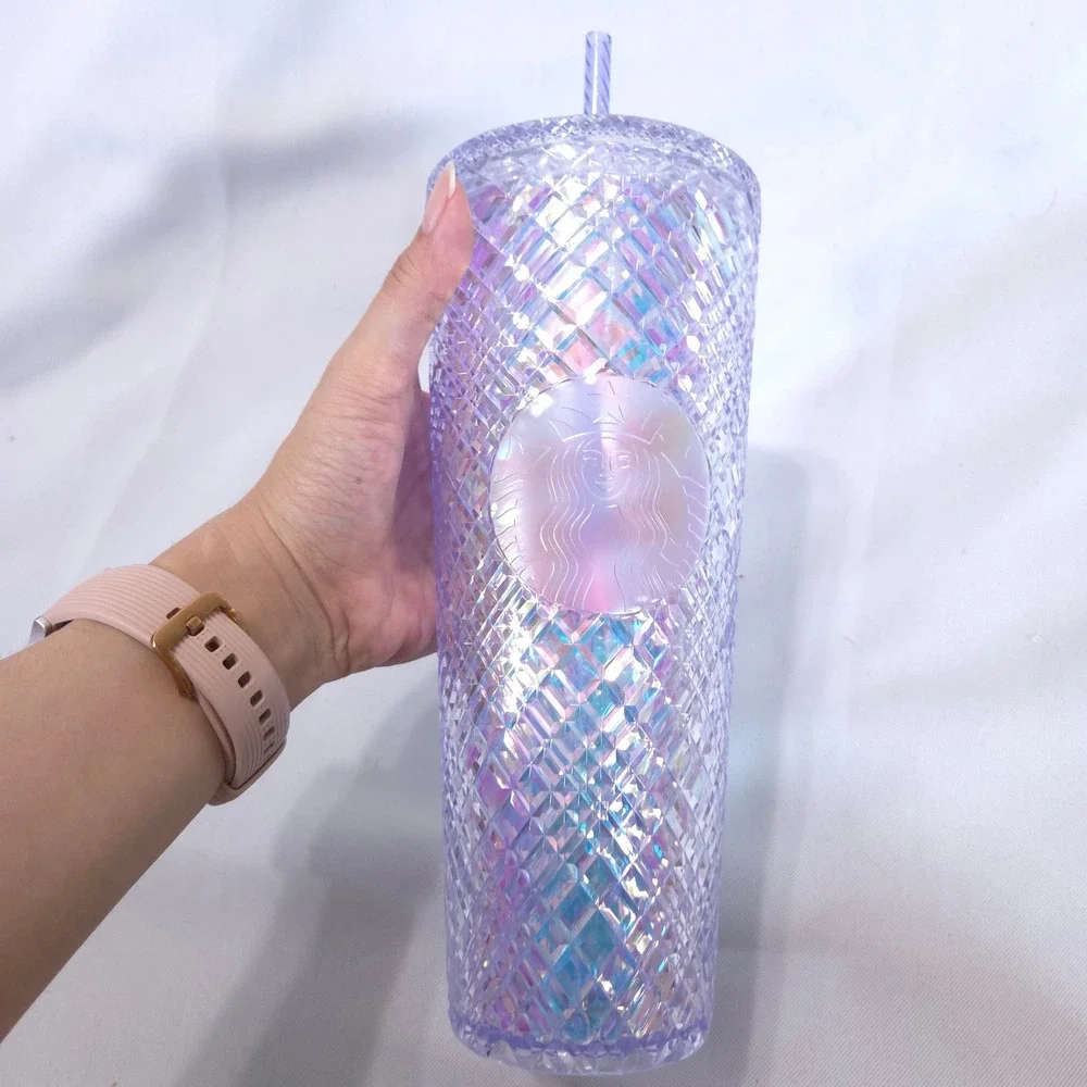Starbucks Iridescent Faceted Grid Tumbler Cold Cup 24oz Venti Straw Lilac Purple